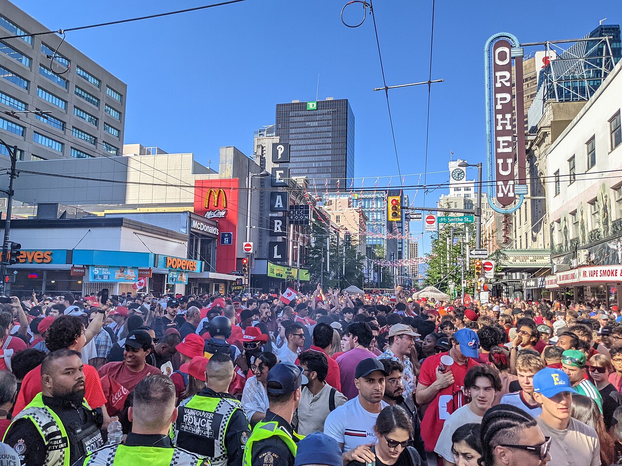 A large crowd on Granville Street near Smithe Street during the 2026 World Cup